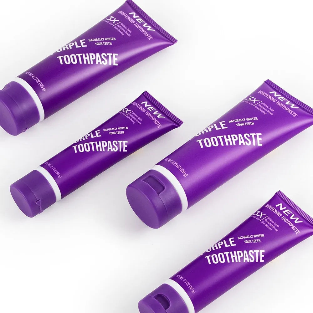 Purple whitening toothpaste tube for adults in 120g and 65g sizes