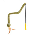 Green snake cat teasing stick with feather attachments extended to full 140cm length