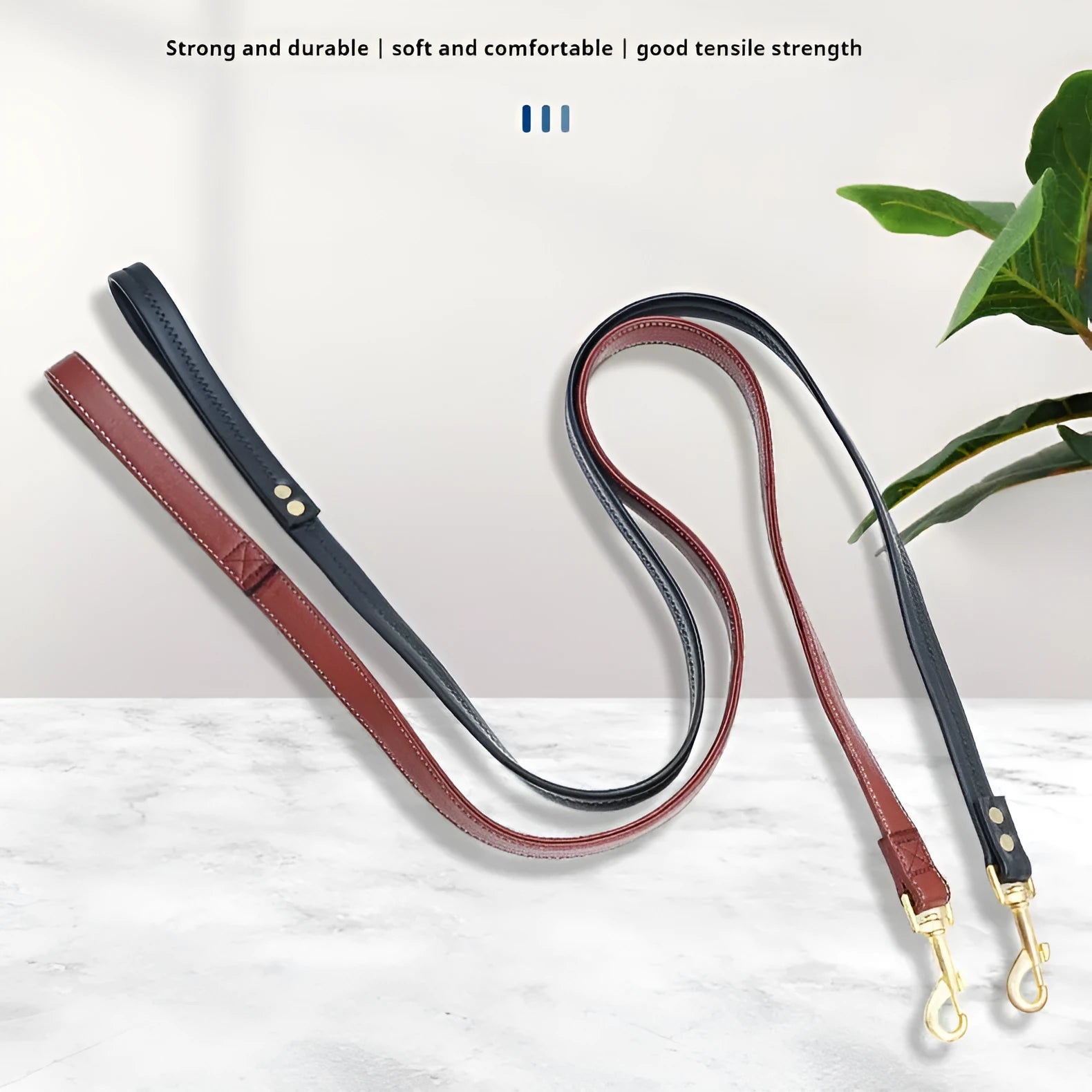 Black PU leather pet traction belt with chain ring fastener shown at 2 metre length