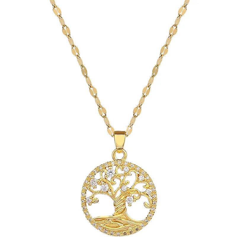 Gold-plated cross necklace with mother-of-pearl shell pendant and rhinestone zircon lucky tree pattern on adjustable chain