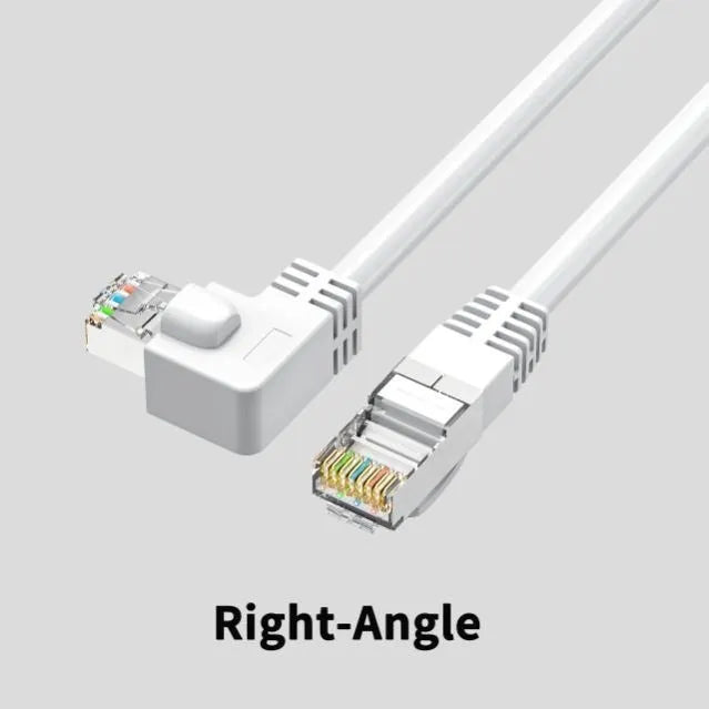 Cat6 Ethernet cable with right-angle RJ45 connector in multiple colour options including black, white, and red
