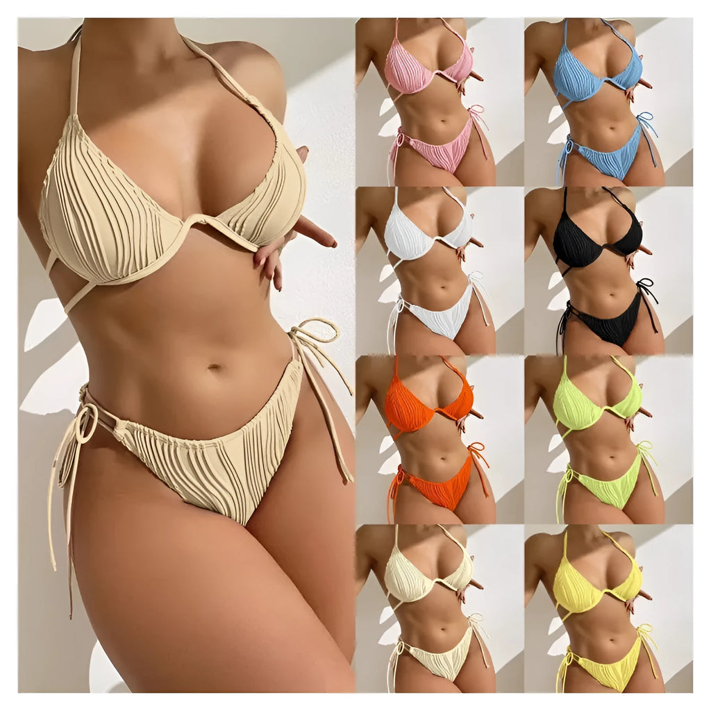 Women's apricot coloured split bikini swimsuit with steel wire bracket support.