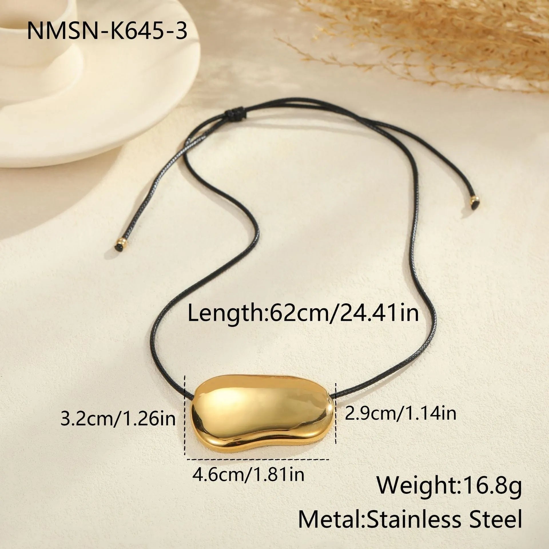 Black rope titanium steel necklace with irregular geometric pendants, adjustable length women's jewellery