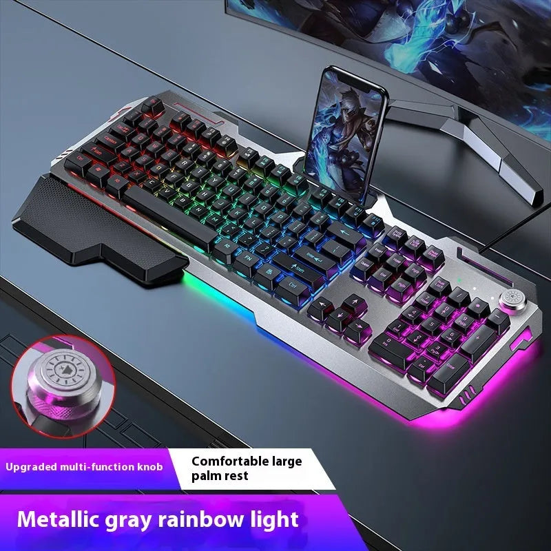 Aluminium mechanical-feel keyboard with control knob in silver black or metal grey colour with RGB lighting