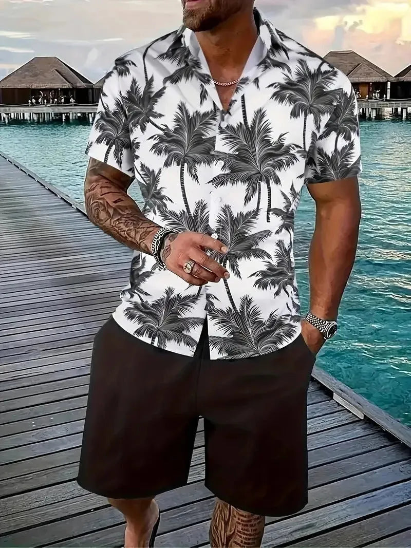 Man wearing a blue Hawaiian 3D printed short sleeve top and matching shorts leisure suit set.
