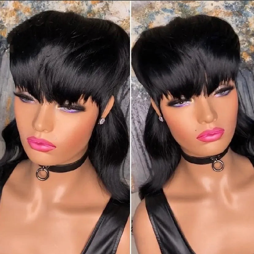 Black Brazilian wig with short bangs at the front and long hair at the back.