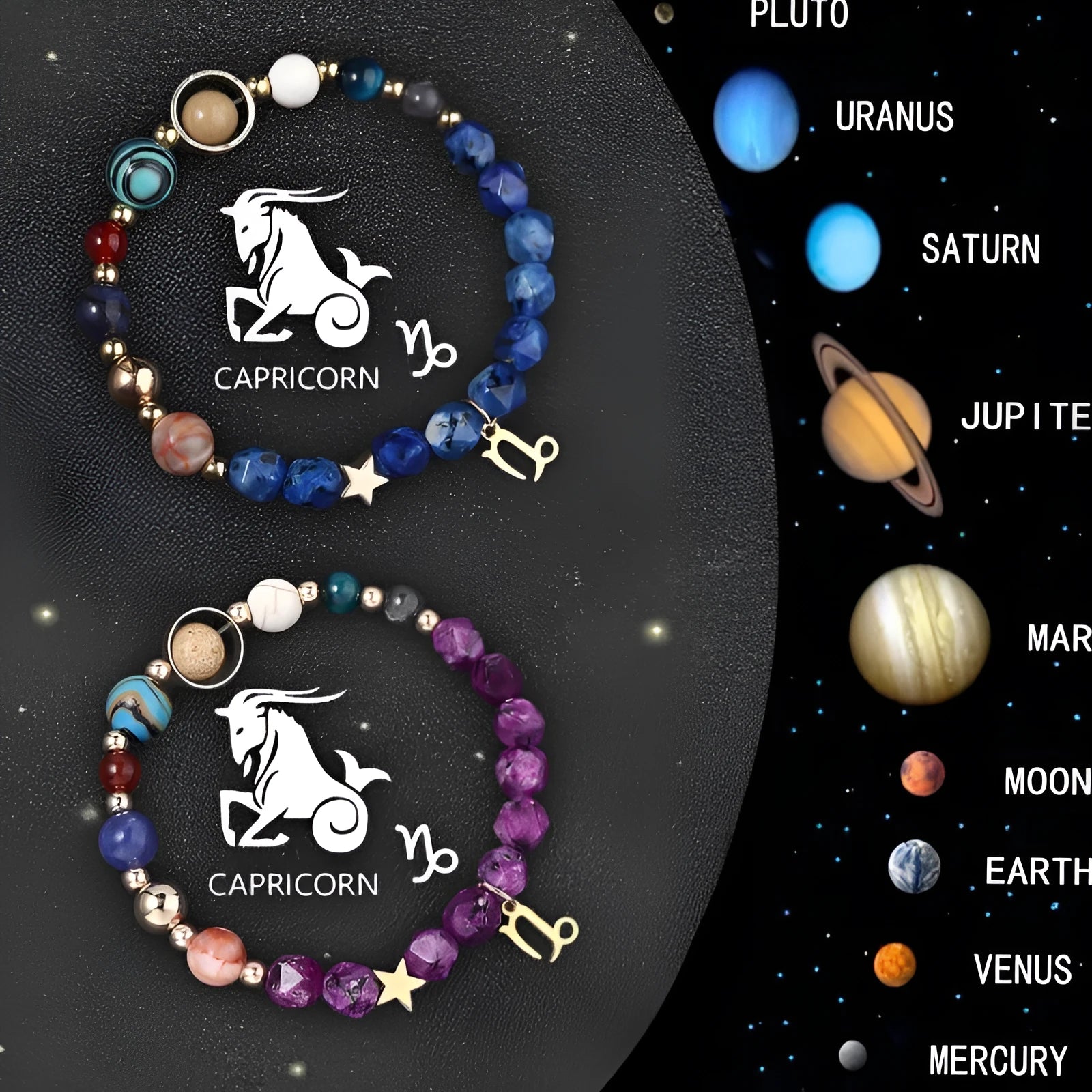 Set of twelve natural stone beaded bracelets showing different zodiac sign designs on elastic cords