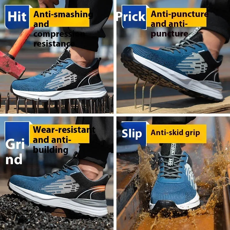 Men's blue safety work shoes with plastic toe cap, Flyknit mesh upper, and non-slip PU sole