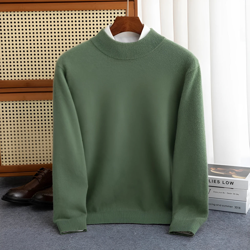 Men's loose fit half-collar wool sweater in a light business style, shown in a range of colours.