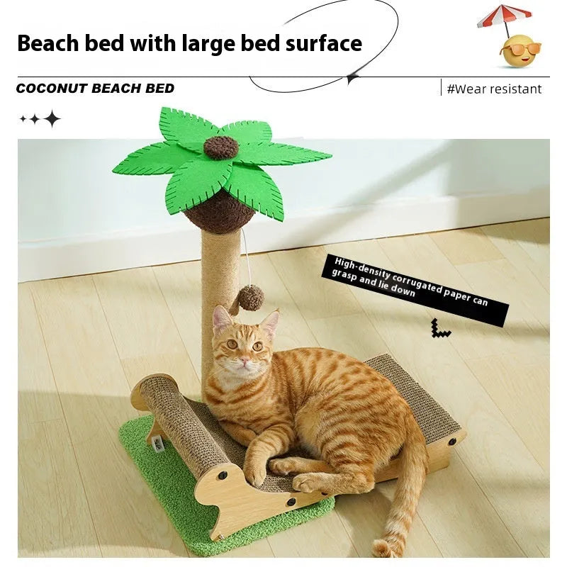 Wooden beach chair-style cat climbing frame with scratching posts and a woven hemp mat base.
