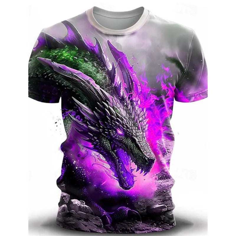 Men's grey T-shirt with detailed 3D wind dragon graphic print on front, short sleeves