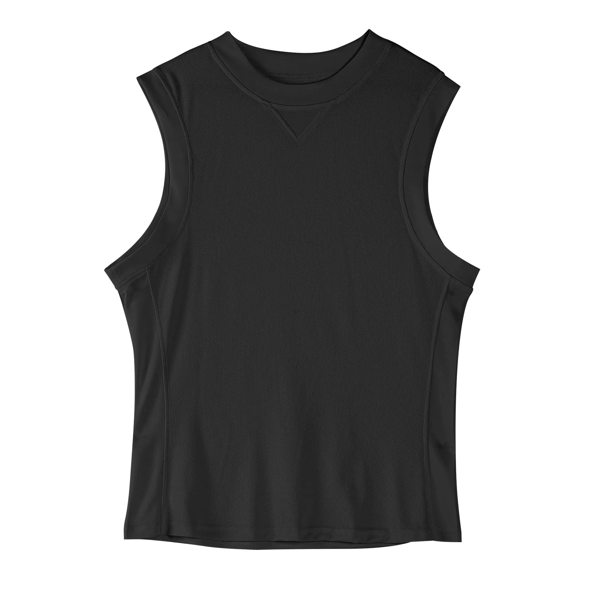 Man wearing a loose fit black quick-dry sports vest for summer fitness activities.