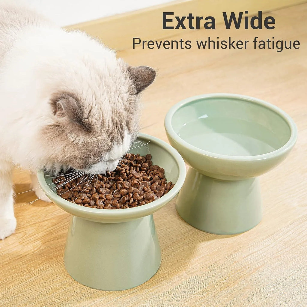Extra wide elevated ceramic cat food and water bowl set in blue, green, pink or white