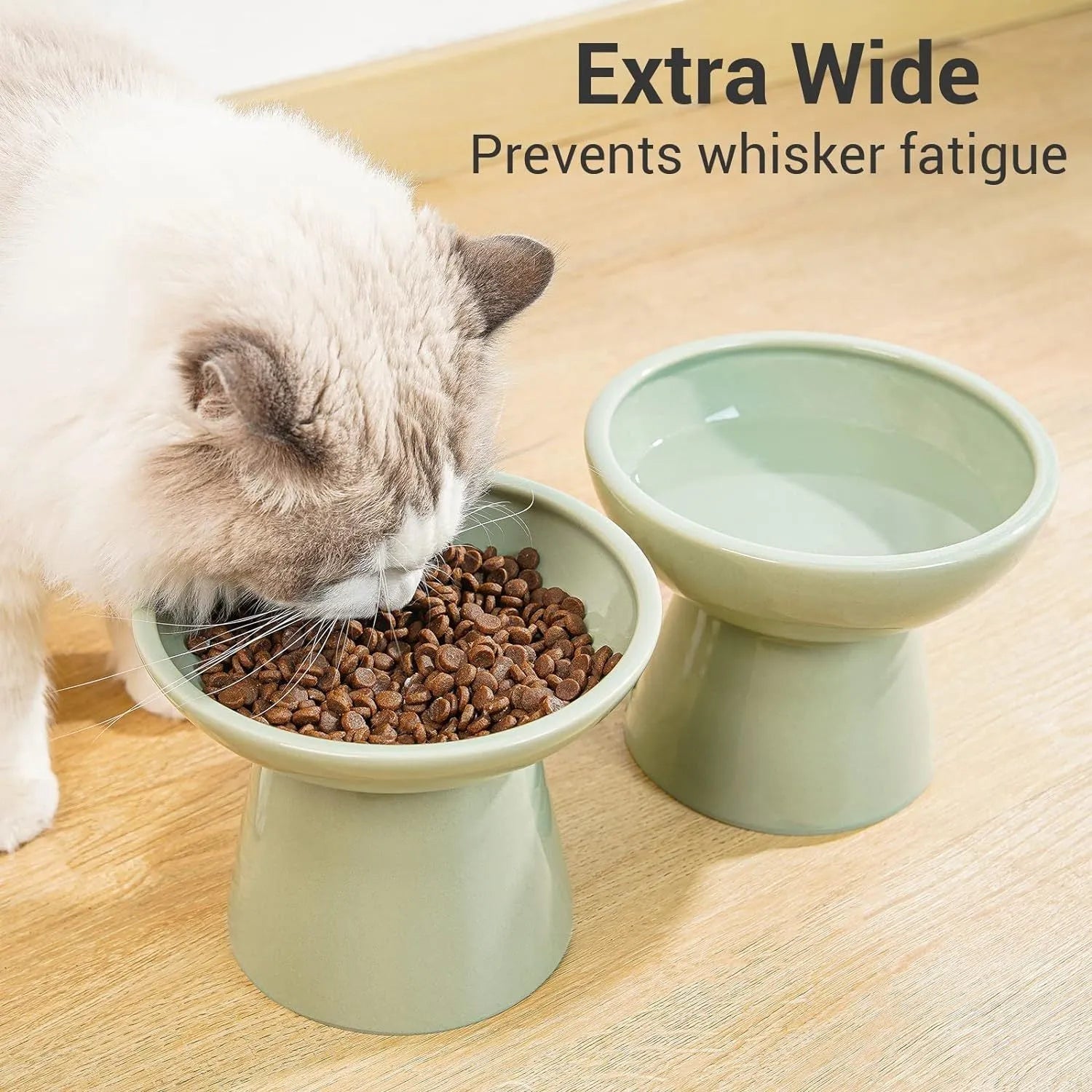 Extra wide elevated ceramic cat food and water bowl set in blue, green, pink or white