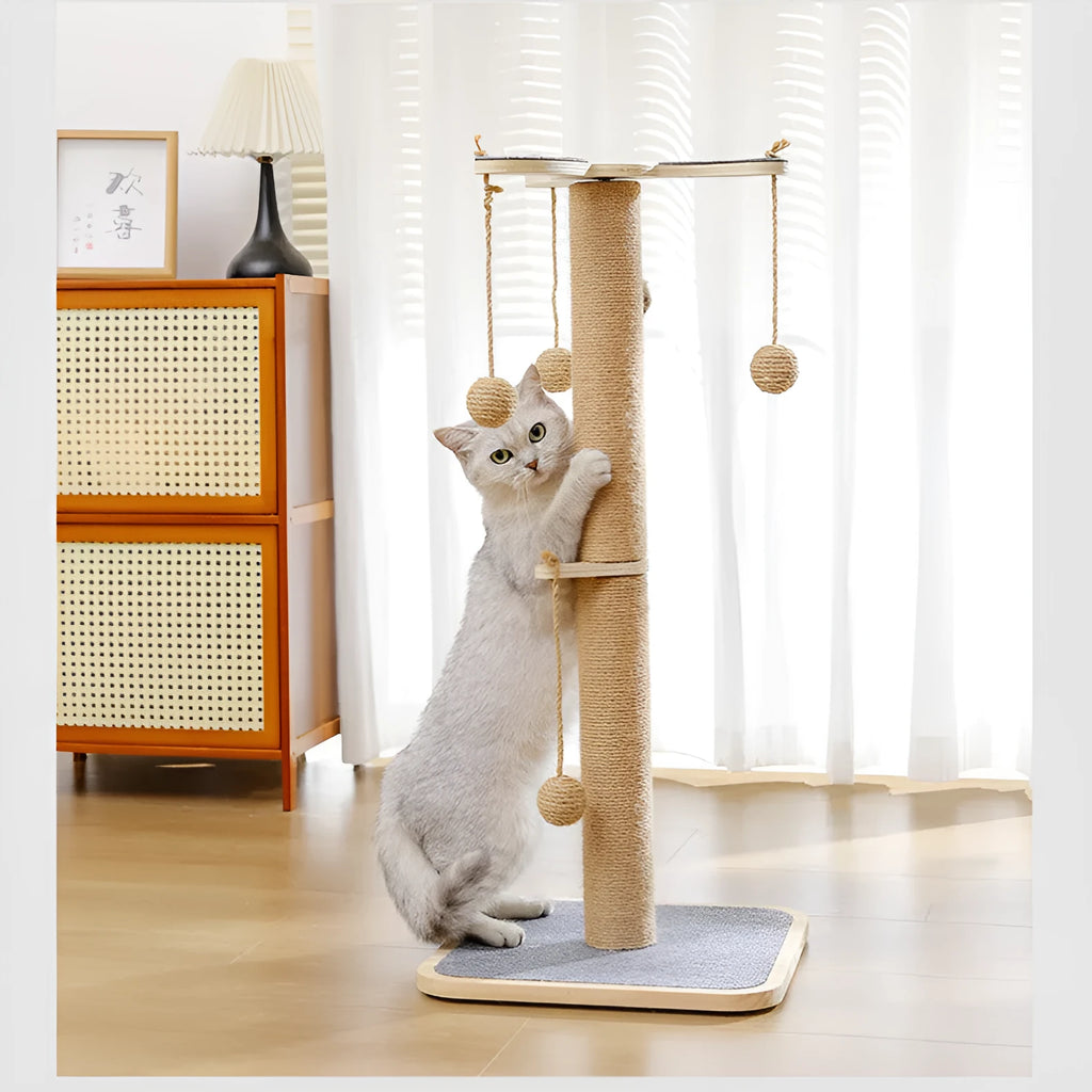 Windmill-style hanging ball cat climbing frame made of pine wood with carpet leather sections