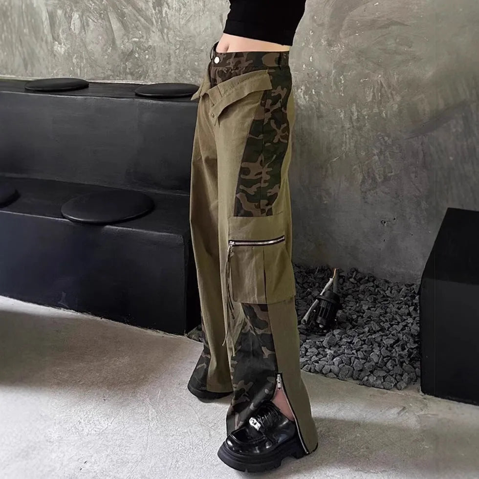 Dark khaki women's jeans with leopard print tooling style and straight leg high waist design