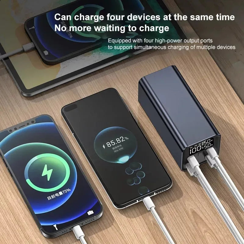 High-power 65W 20000mAh metal laptop charging bank in black, blue, or grey.