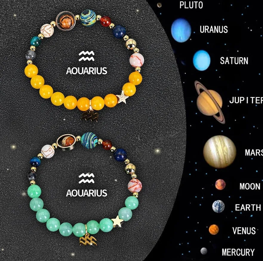 Two natural stone beaded bracelets with zodiac charm pendants on adjustable leather straps