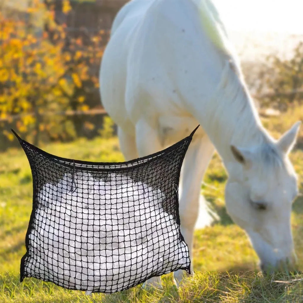 Woven PE rope grid design horse feeding bag in black or white colours