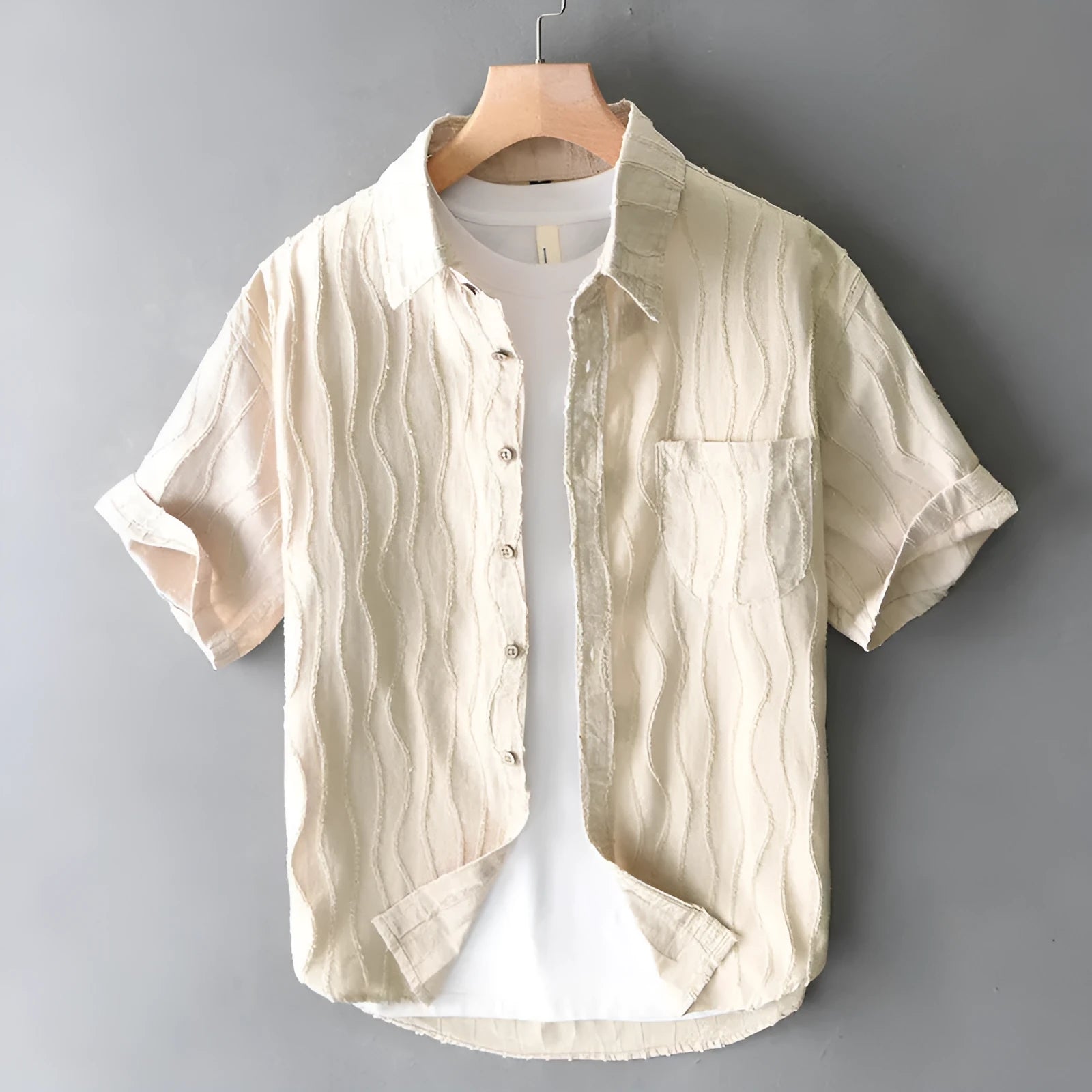 Men's pure cotton short sleeve casual shirt in loose fit Japanese style, apricot colour