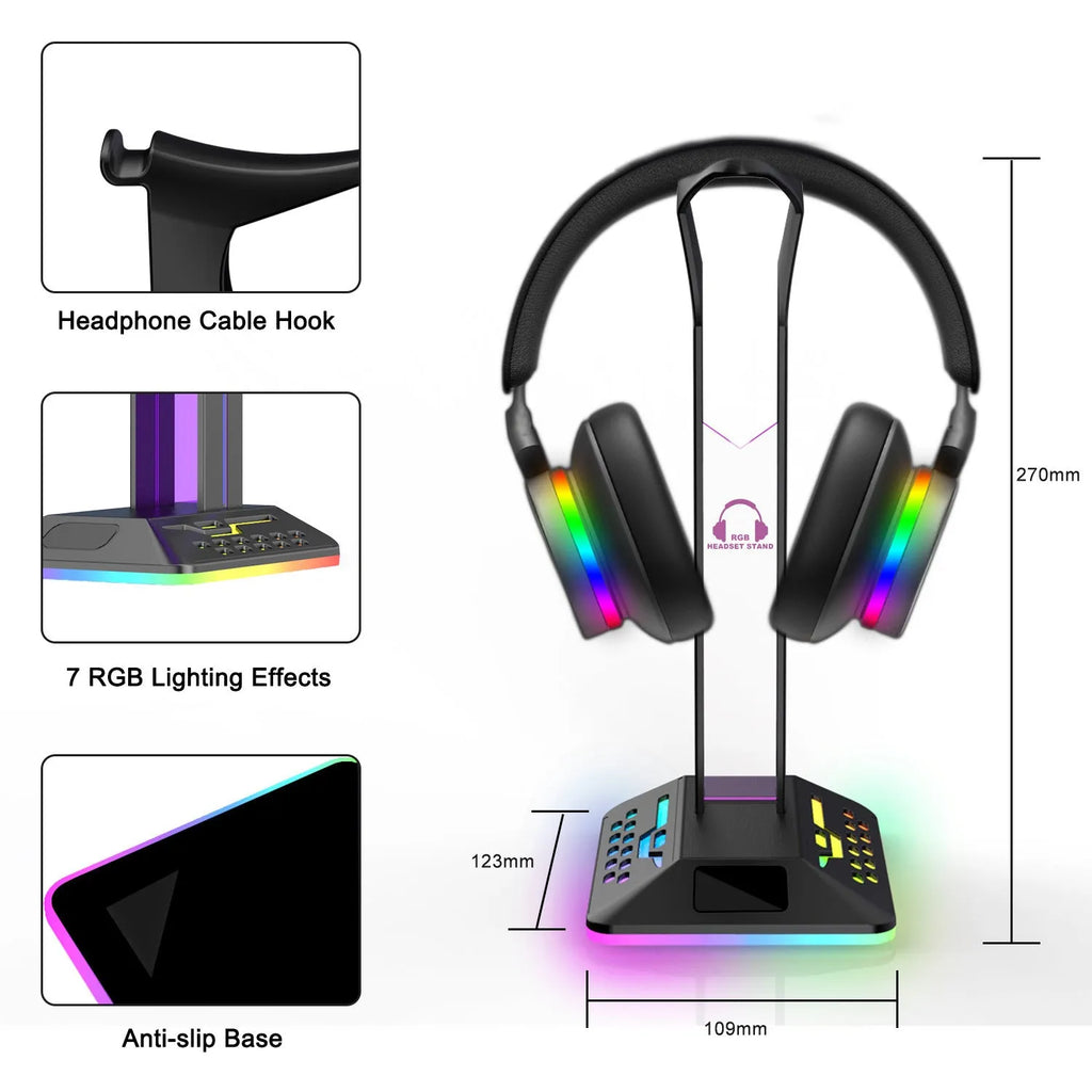 RGB headphone bracket with dual USB ports and customisable lighting on desk with headphones