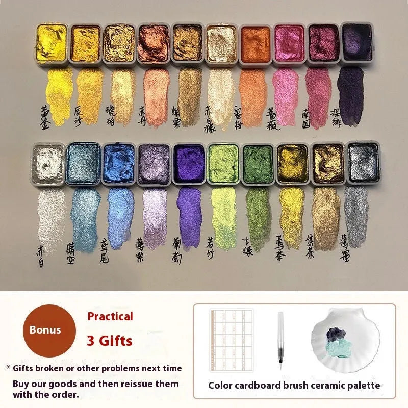 Traditional Chinese painting watercolour set with mineral pearlescent pigments including metallic gold paints