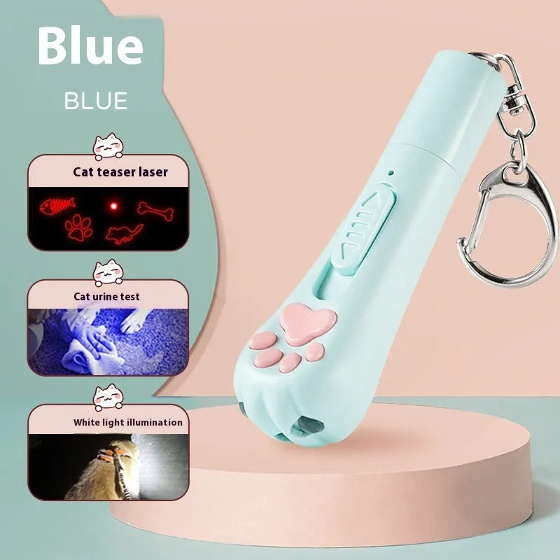 Charging cat teaser pet toy with pen light in cream white, pink, or sky blue.