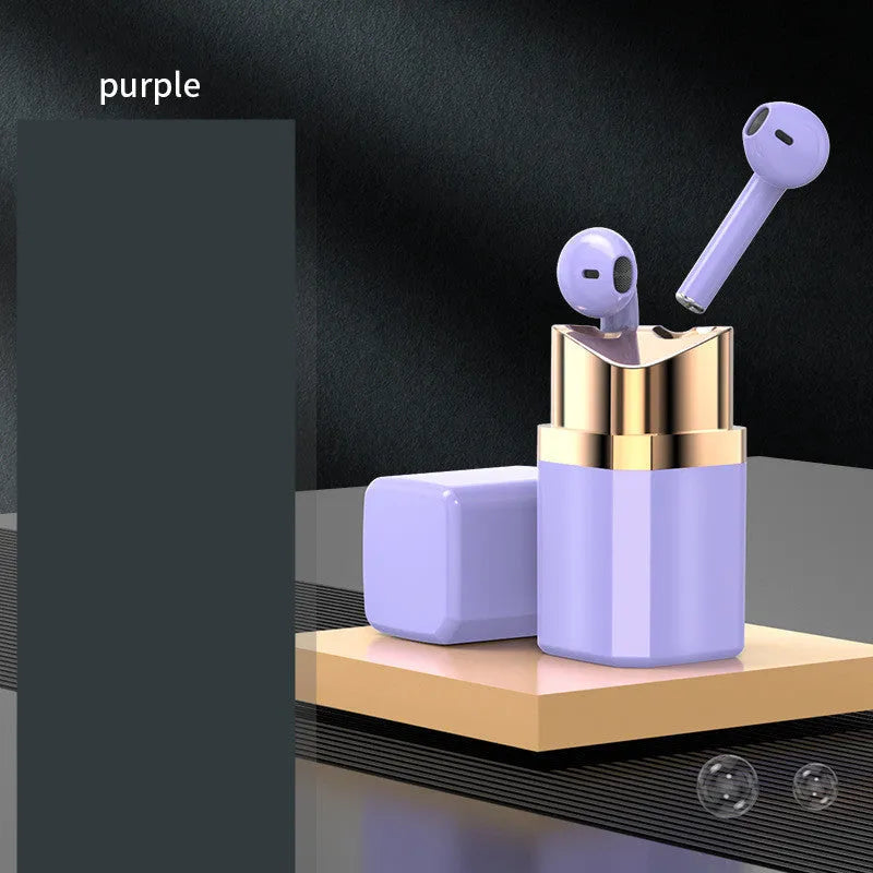 Lipstick-shaped charging case with pink wireless Bluetooth in-ear earphones