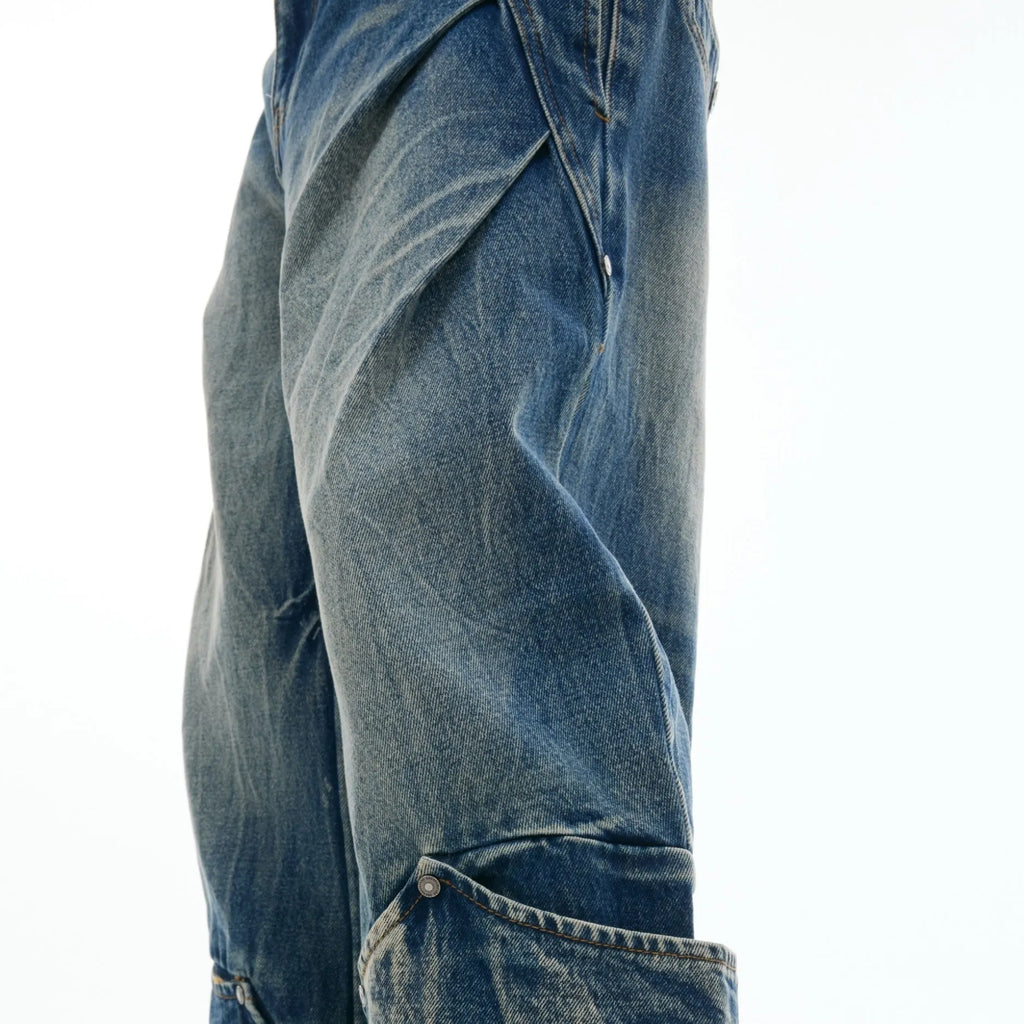 Men's verdant blue retro washed burst pattern curved knife jeans with loose fit