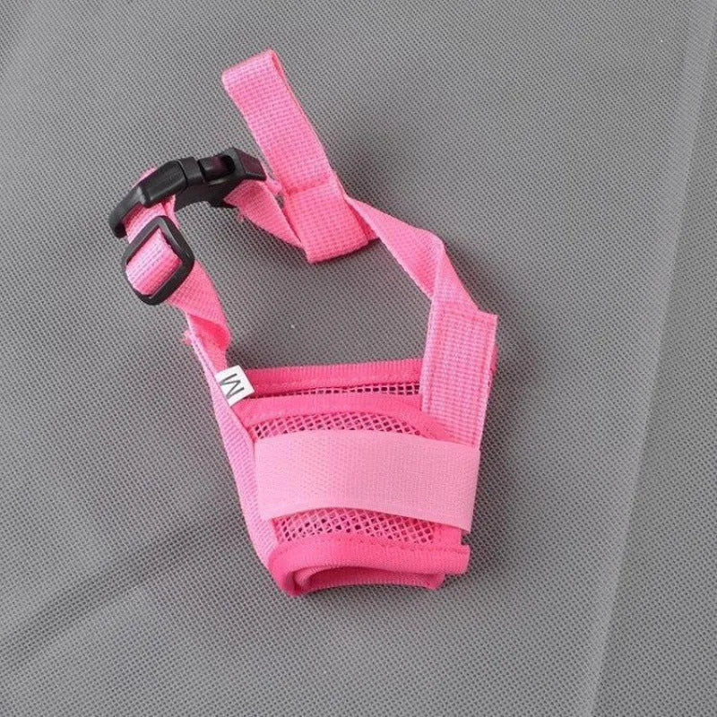 Adjustable plastic dog muzzle in multiple colours showing five size options for biting and barking control