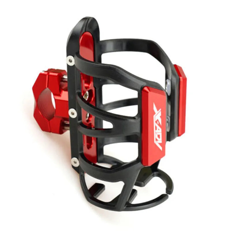 Metal alloy water bottle cage mounted to Honda X-ADV scooter pedal in black finish