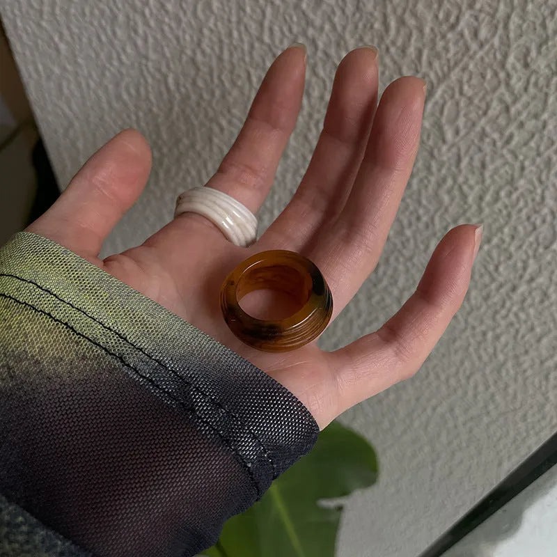 Chinese style irregular geometric resin wide ring in brown and white colour options