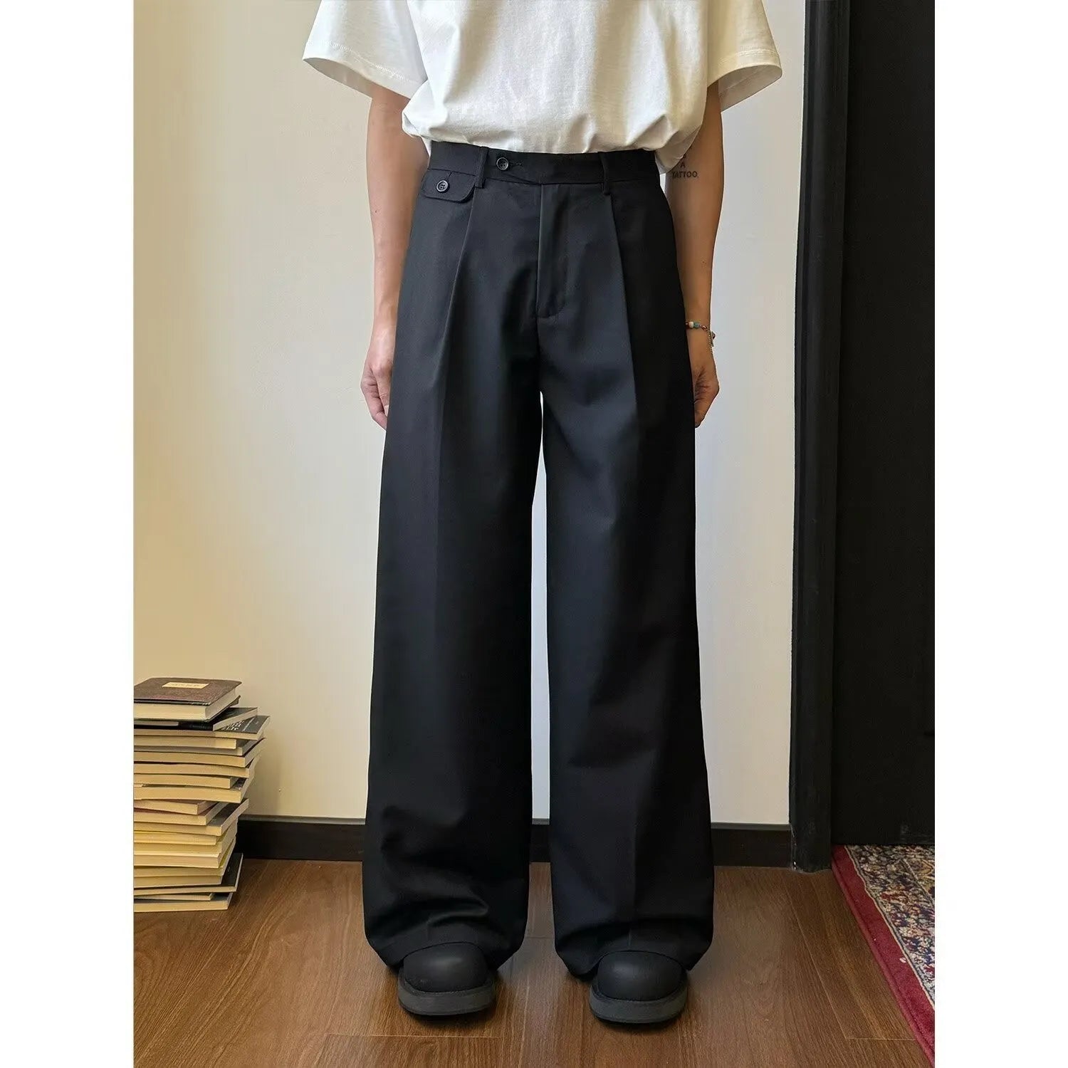 Men's straight loose wide-leg casual trousers in black and brown poly-blend fabric