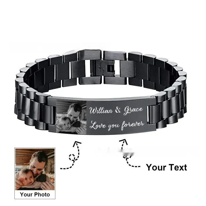 Titanium steel bracelet with lettering on curved piece, heart shape design in black or grey finish