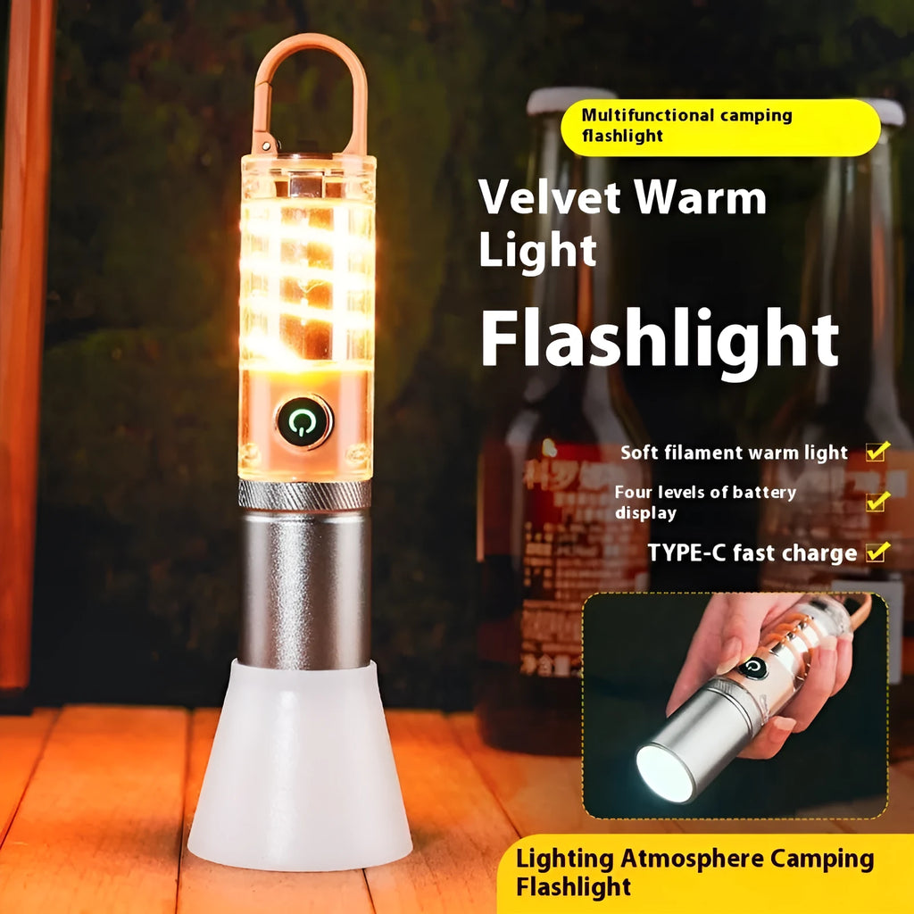 Orange and beige multifunctional LED torch with optical zoom lens and keychain hook