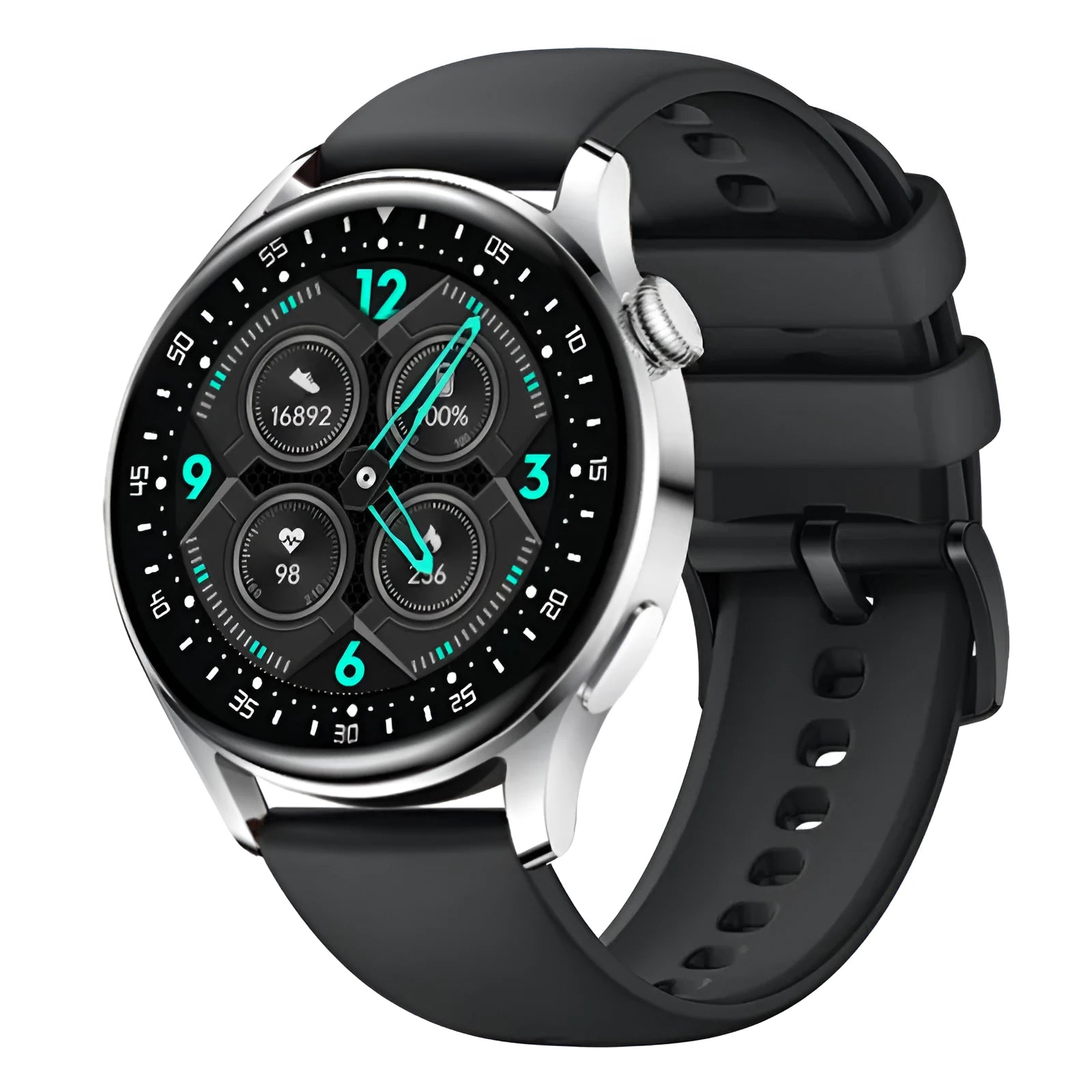 Sports smart watch with circular touchscreen display showing health metrics and payment interface