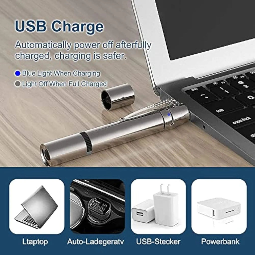 Silver aluminium cat laser pointer toy showing pattern selection gear and USB charging port