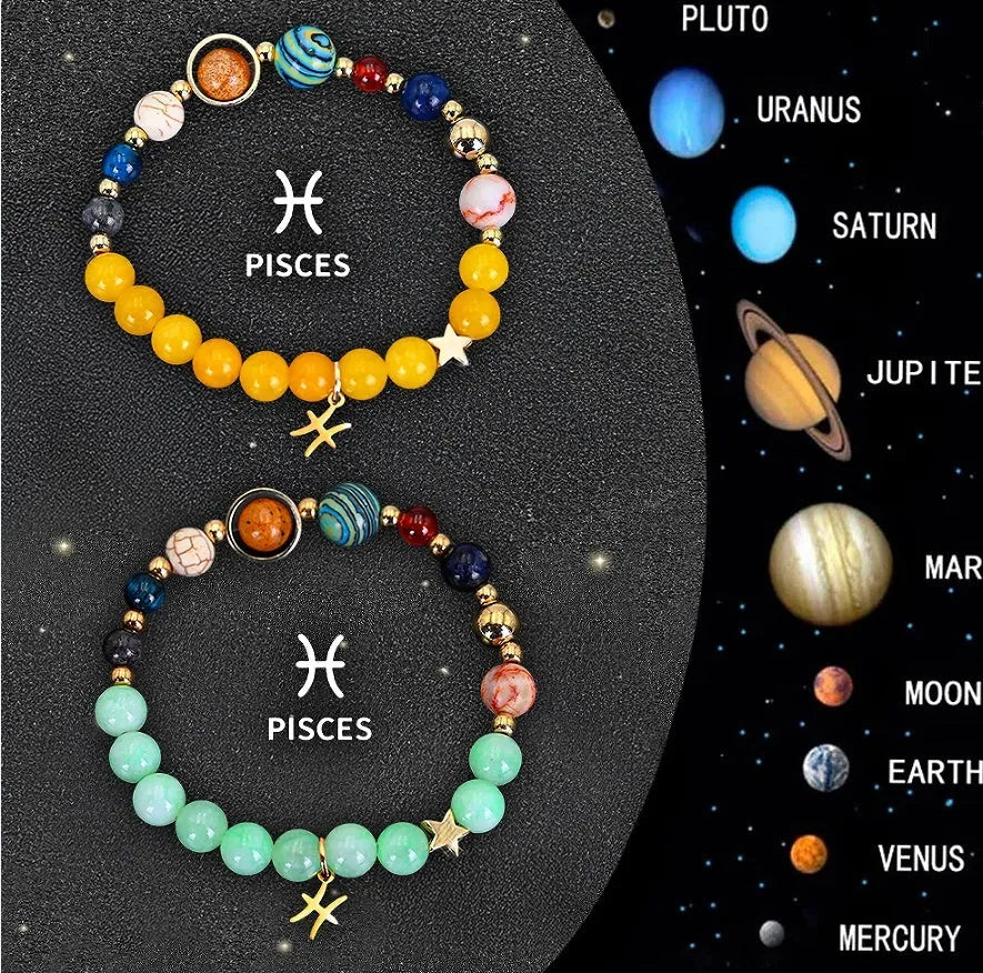 Two natural stone beaded bracelets with zodiac charm pendants on adjustable leather straps