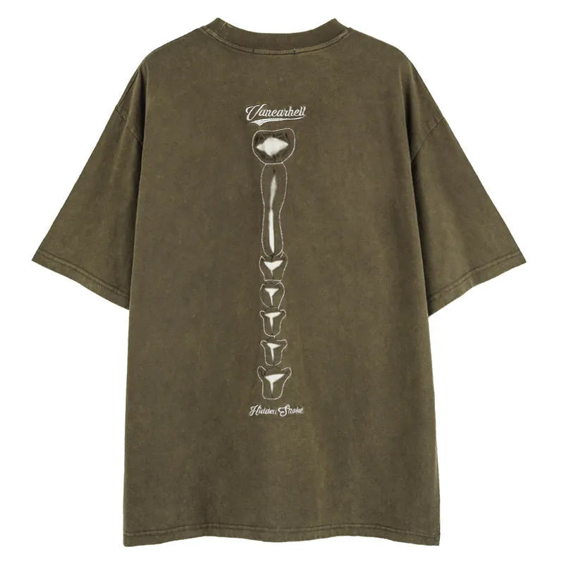 Men's black loose fit cotton T-shirt with skull and letter print, drop-shoulder sleeves