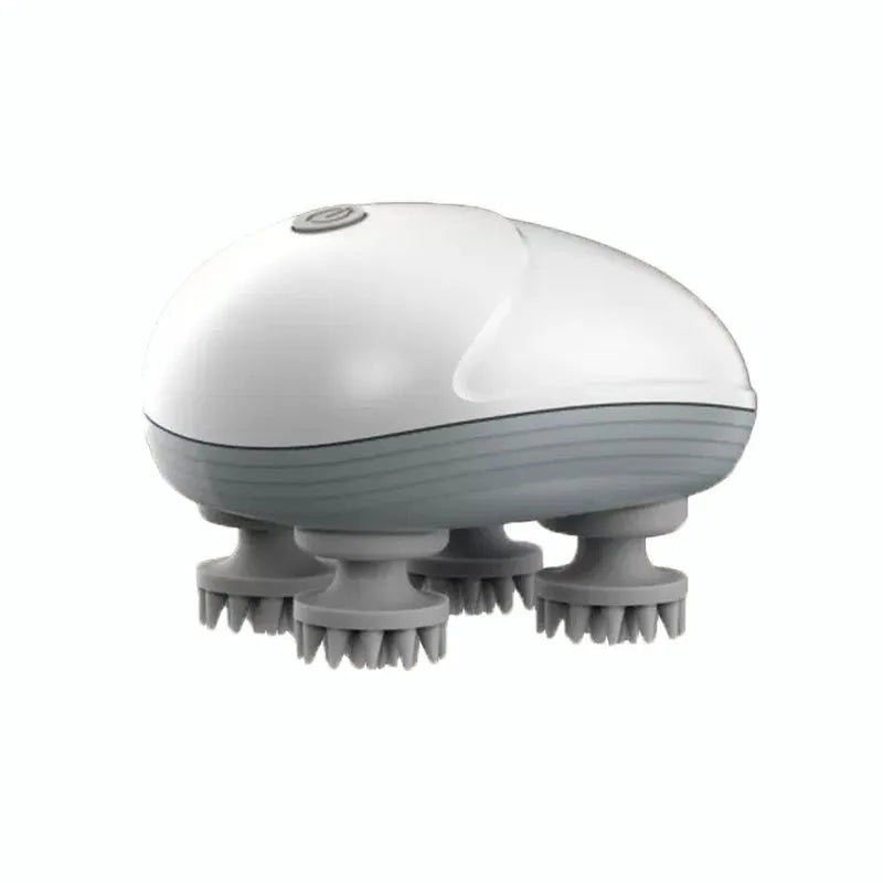 Blue handheld electric pet massager with four rotating heads, shown next to a cat.