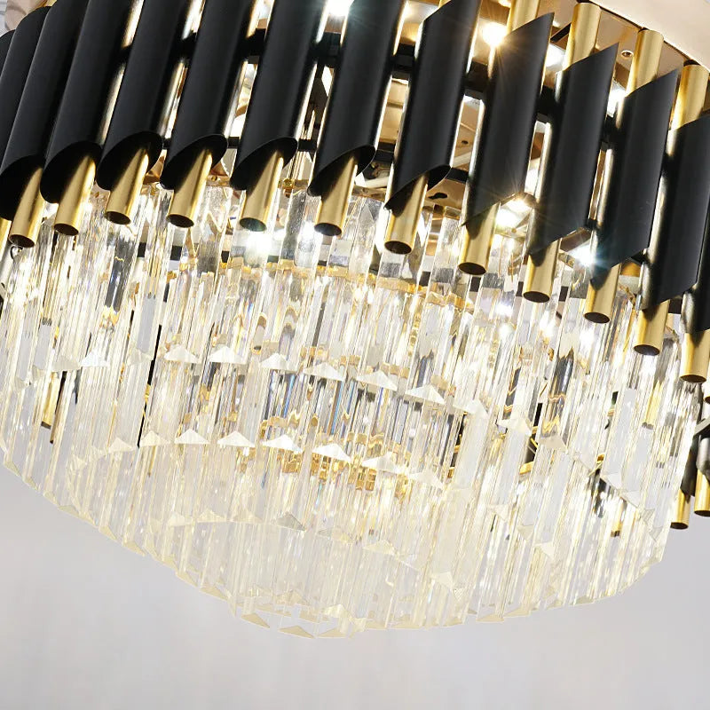 Remote control crystal chandelier ceiling fan light with wooden blades and LED light.