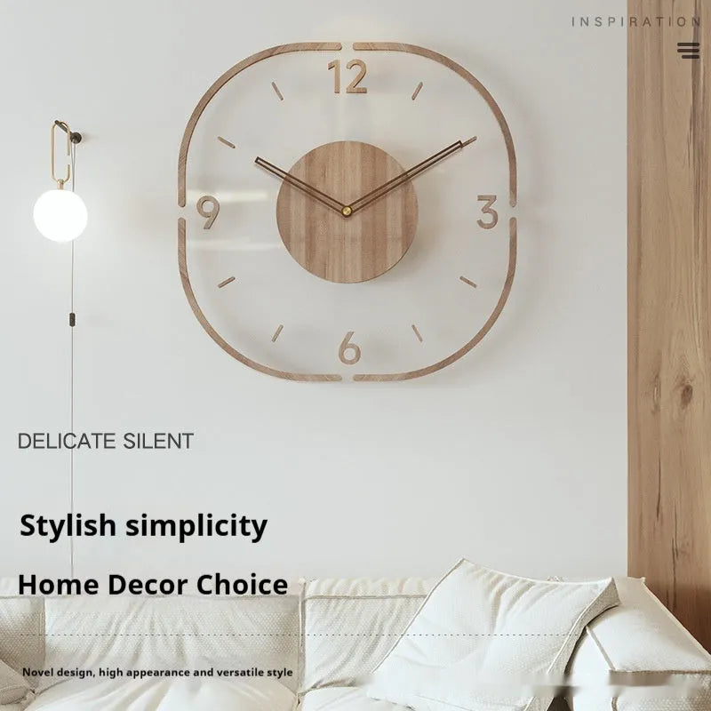 Transparent wooden frame wall clock showing modern design with 35cm square dimensions