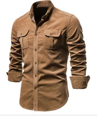 Men's blue linen long sleeve casual shirt on a hanger, showing button front and collar.
