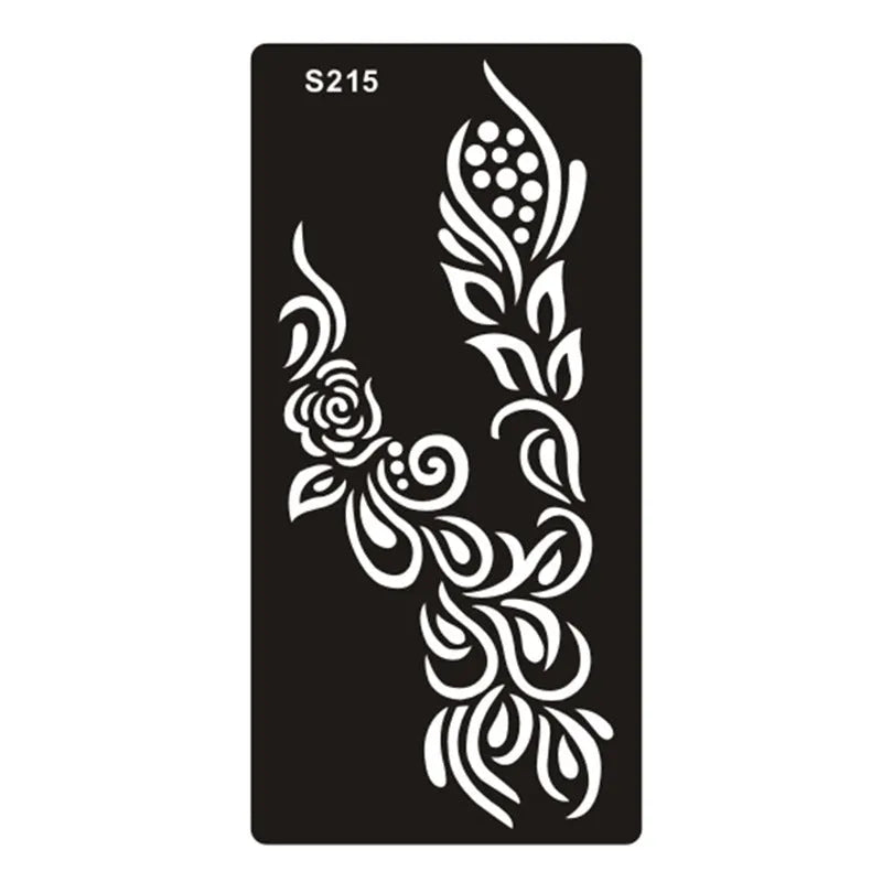 Sheet of hollow geometric and Southeast Asian style temporary tattoo templates on water transfer paper.