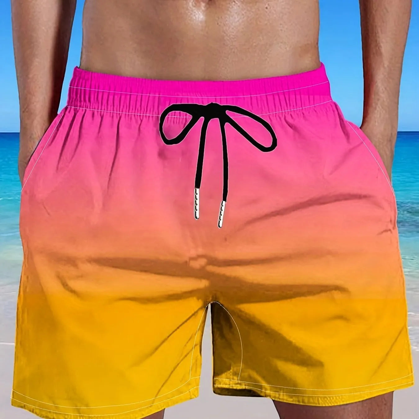 Men's gradient colour 3D digitally printed sports shorts in mesh fabric.