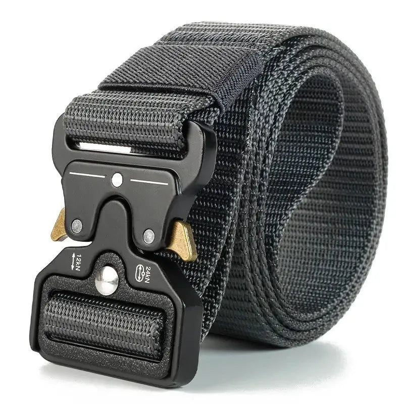Men's thick canvas tactical belt with alloy release buckle, shown in multiple colour options including Army Green and black.