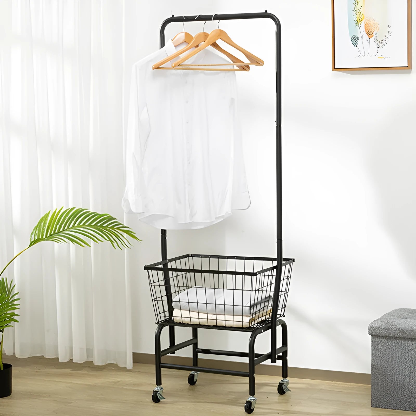 Iron pulley clothes hanger with single moving rod for wardrobe storage in white or black colour