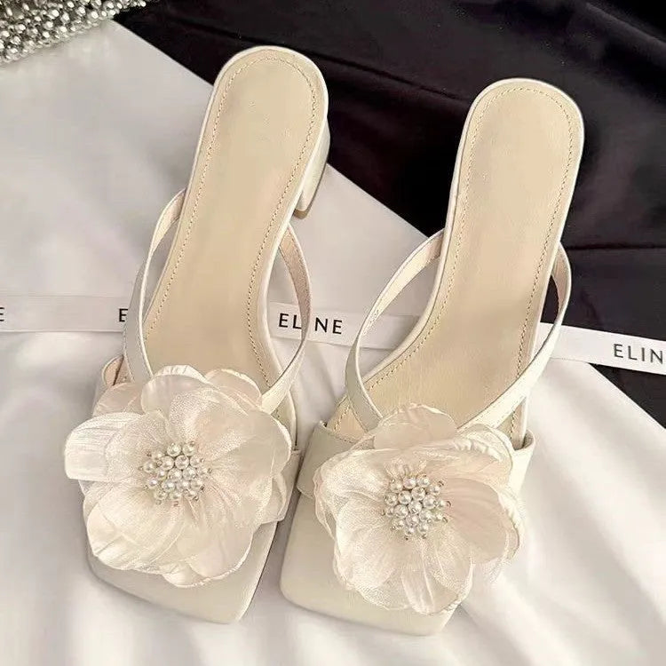 Women's chunky heel sandals with satin square toe and ankle strap in cream white.