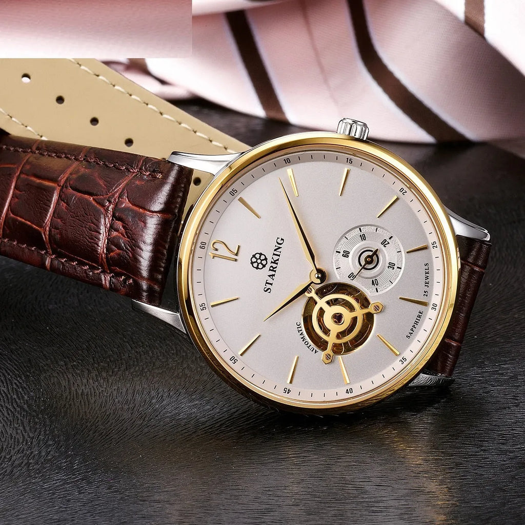 Automatic mechanical men's watch with circular dial, stainless steel case and genuine leather strap