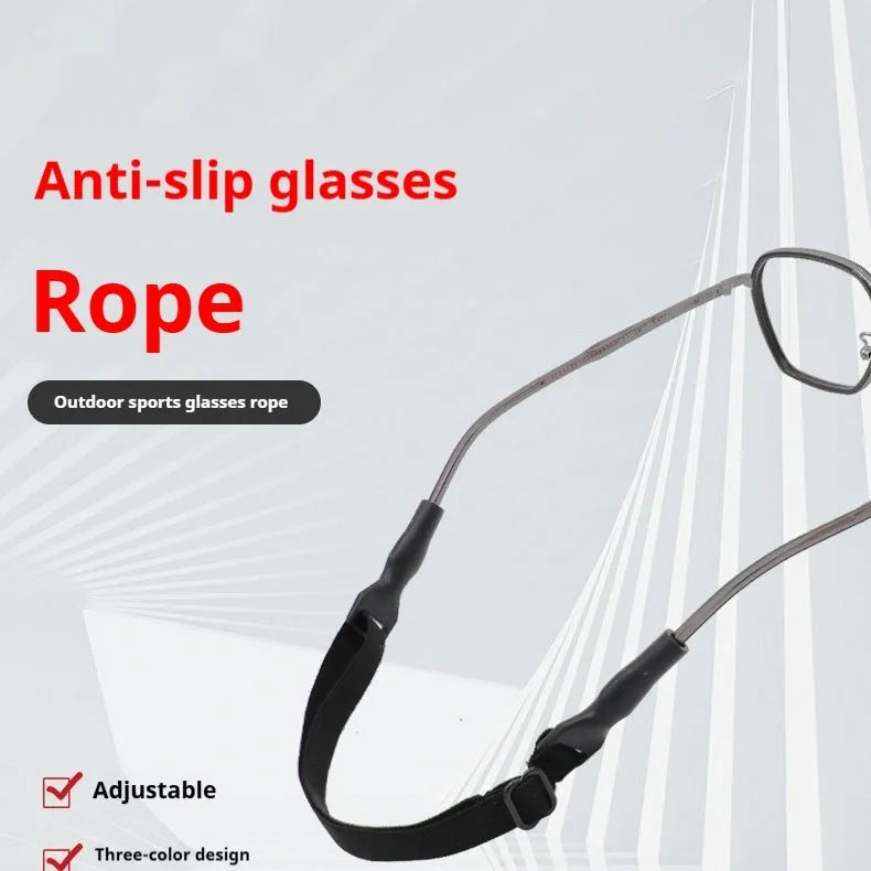 Black adjustable glasses cord with silicone earpiece tips shown on spectacles